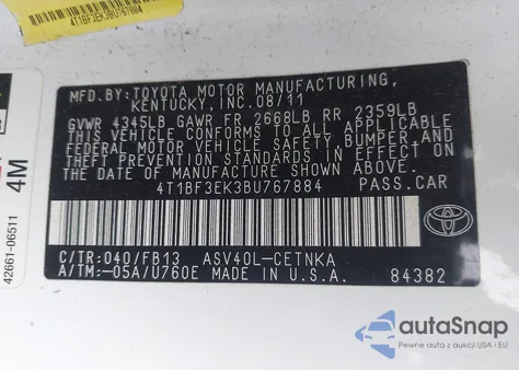 2011 Toyota Camry Le z USA, uszkodzony, nr VIN 4T1BF3EK3BU767884